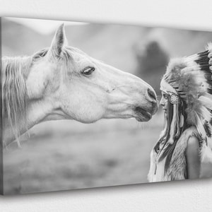 American Indian Art Canvas-Native Indian Woman w/ Horse B&W Art PosterPrinted Picture Wall Art Decoration POSTER or CANVAS READY to Hang