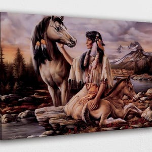 American Indian Art Canvas-Native Lady with Horse Traditional Art Poster/Printed Picture Wall Art Decoration POSTER or CANVAS READY to Hang