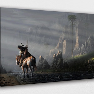 American Indian Art Canvas-American Indian Traveler in the Forest Poster/Printed Picture Wall Art Decoration POSTER or CANVAS READY to Hang