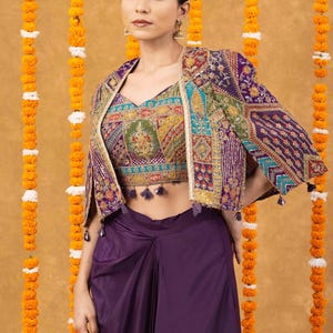 Regal Purple Drape Skirt with Embroidered Crop Top & Jacket, indo western dress