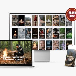 May include: A digital display shows a collection of images with outdoor and survival themes. A laptop and smartphone display similar images. The laptop screen shows a person near a campfire with the text: "Warm rocks can help heat your shelter at night."