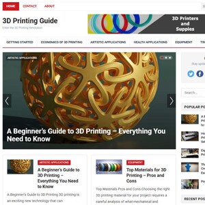 May include: Website homepage for a 3D Printing Guide. The page features a gold, ornate 3D-printed sphere, and the headline "A Beginner's Guide to 3D Printing - Everything You Need to Know." Additional sections include "3D Printers and Supplies."
