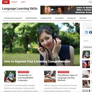 Op de afbeelding: Website homepage voor het leren van taalvaardigheden, met een vrouw met een koptelefoon. De site bevat secties over het leren van nieuwe talen, begrip, uitspraak en woordenschat. De banner luidt "Learn to Speak With a Perfect American Accent."
