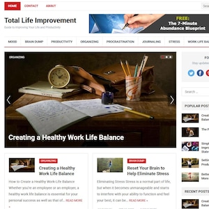 May include: Website homepage for "Total Life Improvement" with a banner offering a free "7-Minute Abundance Blueprint." The main image shows a desk with a clock, books, pencils, and the title "Creating a Healthy Work Life Balance."