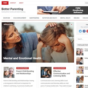May include: A website homepage for "Better Parenting" with a banner image of a mother comforting a child. The site offers resources on child development, mental health, and childcare. The text "Mental and Emotional Health" is displayed prominently.