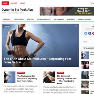 Peut inclure: Page d'accueil du site Web intitulée "Dynamic Six Pack Abs" avec une femme tenant des haltères. La page comprend des sections sur les exercices, les choix alimentaires et la génétique. Le titre principal est "The Truth About Six-Pack Abs - Separating Fact From Fiction."