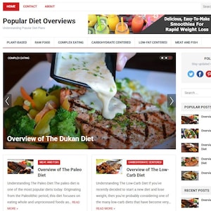 May include: Website homepage titled "Popular Diet Overviews" with sections on various diets. The main image shows grilled salmon with vegetables and sauce. The site promotes healthy eating and provides information on different dietary plans.