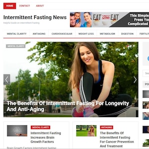May include: A website homepage titled "Intermittent Fasting News" with sections on mental clarity, anti-aging, and weight loss. The site features articles and a search bar, with a banner ad promoting a diet strategy.