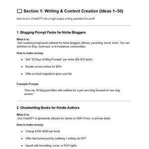 May include: A white document with black text detailing writing and content creation ideas. The document is divided into sections, including blogging prompt packs and ghostwriting books, with bullet points outlining key information and examples.