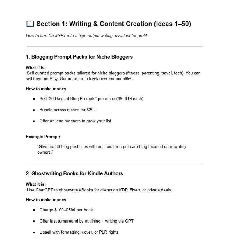 May include: A white document with black text detailing writing and content creation ideas. The document is divided into sections, including blogging prompt packs and ghostwriting books, with bullet points outlining key information and examples.