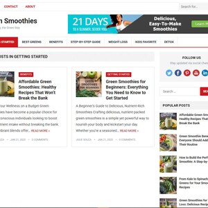 May include: Website homepage titled "Green Smoothies" with a banner ad for smoothies and a section on "Getting Started." Articles include "Affordable Green Smoothies" and "Green Smoothies for Beginners."