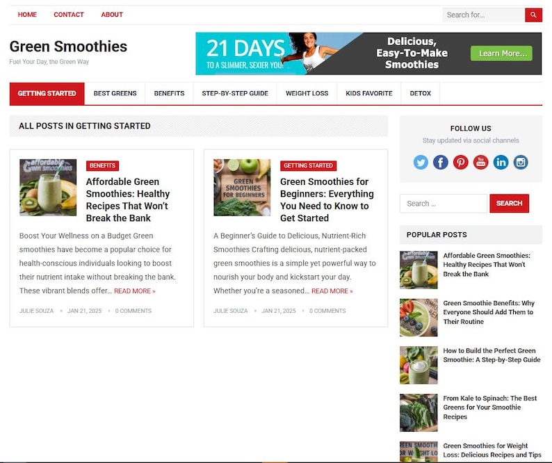 May include: Website homepage titled "Green Smoothies" with a banner ad for smoothies and a section on "Getting Started." Articles include "Affordable Green Smoothies" and "Green Smoothies for Beginners."