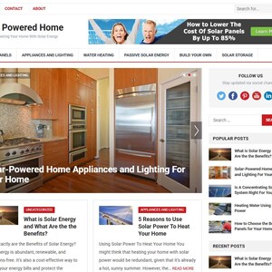 May include: A website homepage for "Solar Powered Home" with a header featuring a smiling couple and text promoting solar panel cost savings. The main section showcases kitchen appliances and lighting, with articles on solar energy benefits.