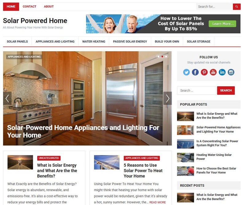May include: A website homepage for "Solar Powered Home" with a header featuring a smiling couple and text promoting solar panel cost savings. The main section showcases kitchen appliances and lighting, with articles on solar energy benefits.