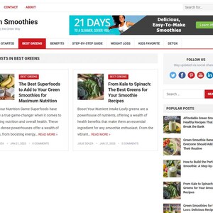 May include: A website homepage titled "Green Smoothies" with a banner ad for a 21-day program. The page features articles on smoothie recipes and superfoods, with a search bar and social media links.