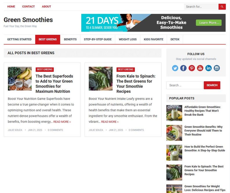 May include: A website homepage titled "Green Smoothies" with a banner ad for a 21-day program. The page features articles on smoothie recipes and superfoods, with a search bar and social media links.