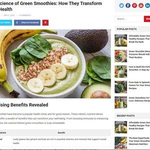 May include: A vibrant green smoothie in a white bowl, garnished with fresh spinach, banana slices, and granola. A whole avocado and a banana are on the side. The text "The Science of Green Smoothies: How They Transform Your Health" is at the top.