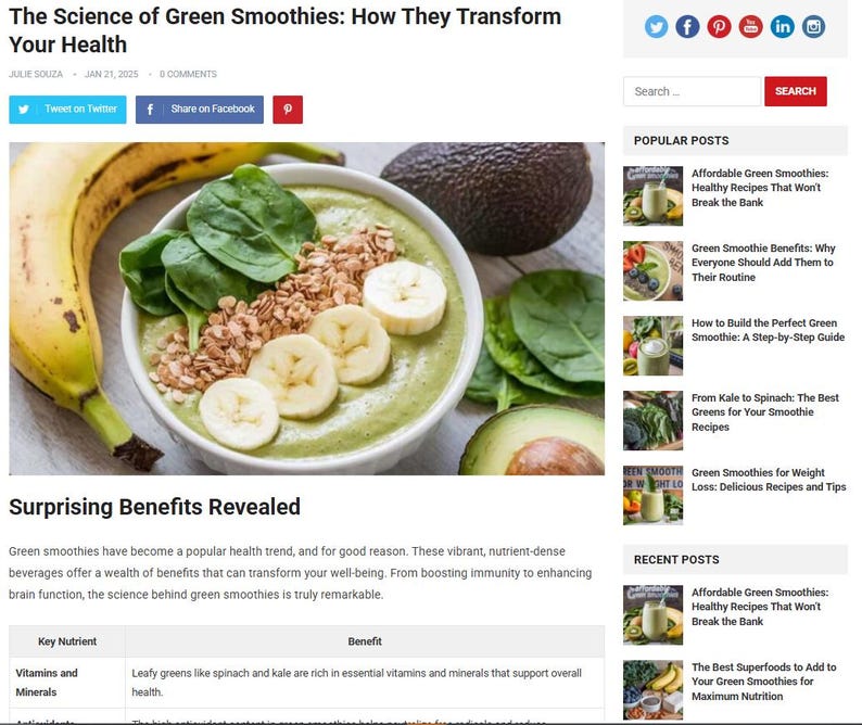 May include: A vibrant green smoothie in a white bowl, garnished with fresh spinach, banana slices, and granola. A whole avocado and a banana are on the side. The text "The Science of Green Smoothies: How They Transform Your Health" is at the top.