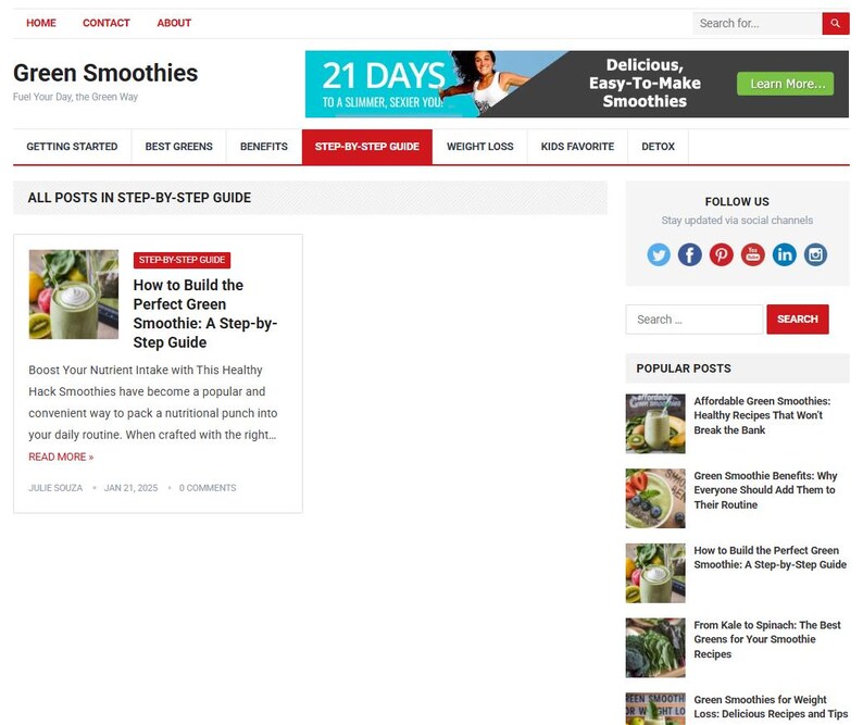 May include: Screenshot of a website titled "Green Smoothies" with navigation links and a banner ad. The site features articles on smoothie recipes and health benefits, including a "Step-by-Step Guide" section. Social media icons are visible.