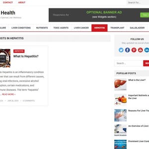 May include: Screenshot of a website titled "Liver Health" with navigation links and a search bar. The main content highlights a post about Hepatitis, including an image and a brief description of the condition. Social media icons are visible.