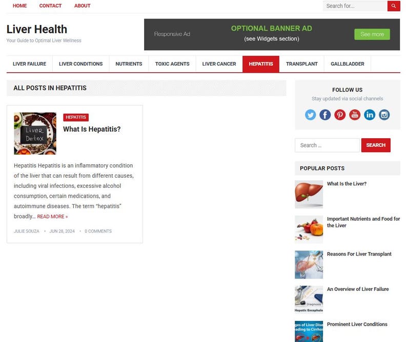 May include: Screenshot of a website titled "Liver Health" with navigation links and a search bar. The main content highlights a post about Hepatitis, including an image and a brief description of the condition. Social media icons are visible.