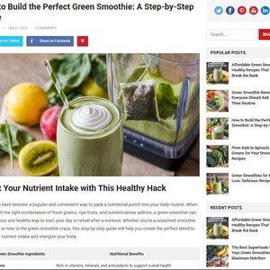 May include: A vibrant image showcasing a green smoothie in a glass, topped with whipped cream and a striped straw. Fresh fruits like lemons, kiwis, and apples surround the glass, with a blender in the background. The text "How to Build the Perfect Green Smoothie" is visible.