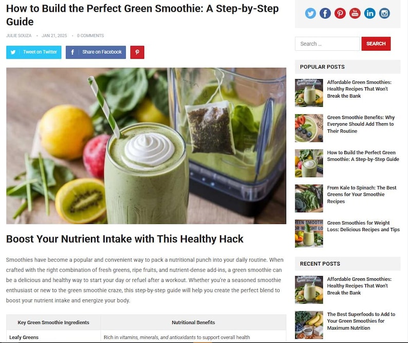 May include: A vibrant image showcasing a green smoothie in a glass, topped with whipped cream and a striped straw. Fresh fruits like lemons, kiwis, and apples surround the glass, with a blender in the background. The text "How to Build the Perfect Green Smoothie" is visible.