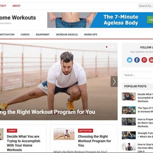 May include: Website homepage for "Smart Home Workouts" with a banner ad for the "7-Minute Ageless Body" program. The main image shows a man stretching. The page includes links for training, motivation, cardio, and equipment.