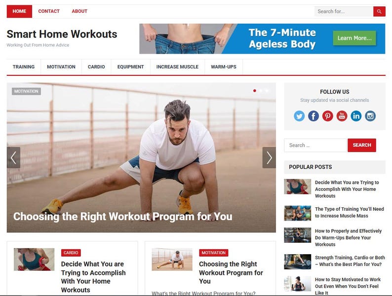 May include: Website homepage for "Smart Home Workouts" with a banner ad for the "7-Minute Ageless Body" program. The main image shows a man stretching. The page includes links for training, motivation, cardio, and equipment.