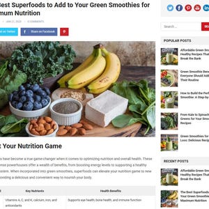 May include: A wooden surface displays a variety of superfoods for green smoothies. The image includes bananas, blueberries, almonds, chia seeds, kale, and a block of tofu. The text reads "The Best Superfoods to Add to Your Green Smoothies for Maximum Nutrition."