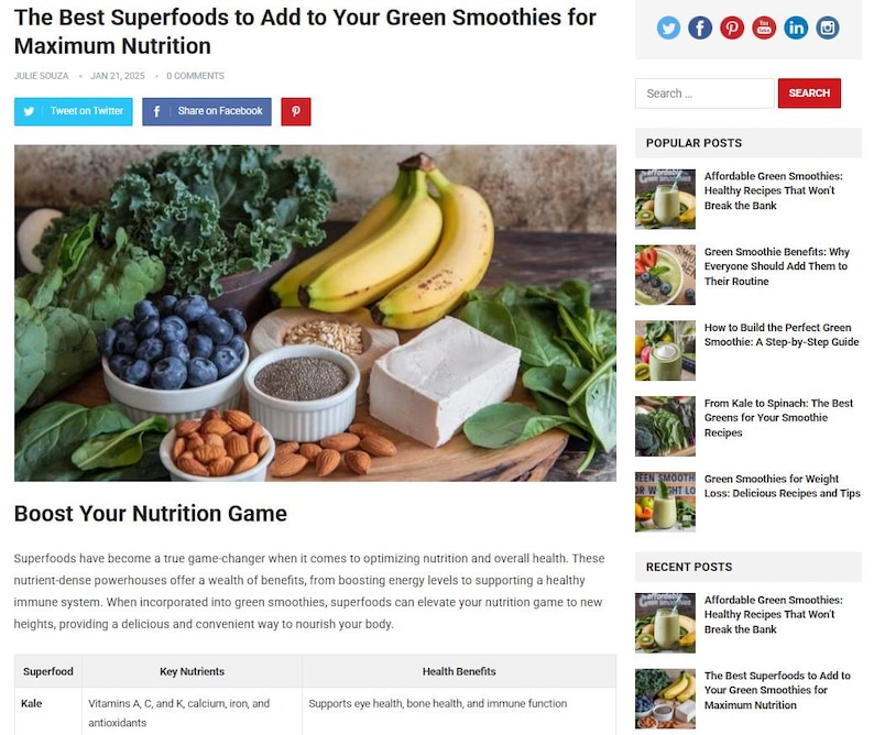 May include: A wooden surface displays a variety of superfoods for green smoothies. The image includes bananas, blueberries, almonds, chia seeds, kale, and a block of tofu. The text reads "The Best Superfoods to Add to Your Green Smoothies for Maximum Nutrition."