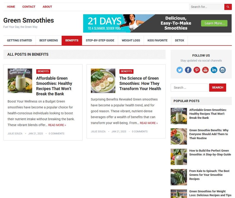 May include: A website homepage titled "Green Smoothies" with a banner ad for a 21-day program. The page features articles on smoothie benefits, recipes, and health tips, with social media icons and a search bar.