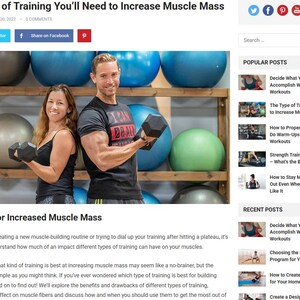 May include: A webpage titled "The Type of Training You'll Need to Increase Muscle Mass" features a man and woman holding dumbbells. The article discusses muscle mass training, with related articles listed on the right.