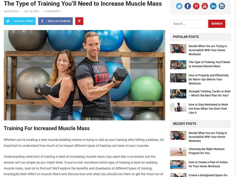May include: A webpage titled "The Type of Training You'll Need to Increase Muscle Mass" features a man and woman holding dumbbells. The article discusses muscle mass training, with related articles listed on the right.