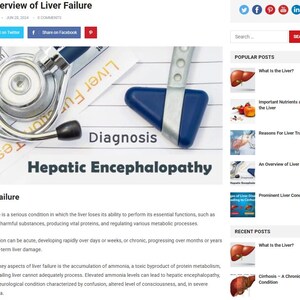 May include: A blog post titled "An Overview of Liver Failure" with medical tools like a stethoscope and reflex hammer. The text includes "Diagnosis" and "Hepatic Encephalopathy". The post discusses liver failure and its causes.