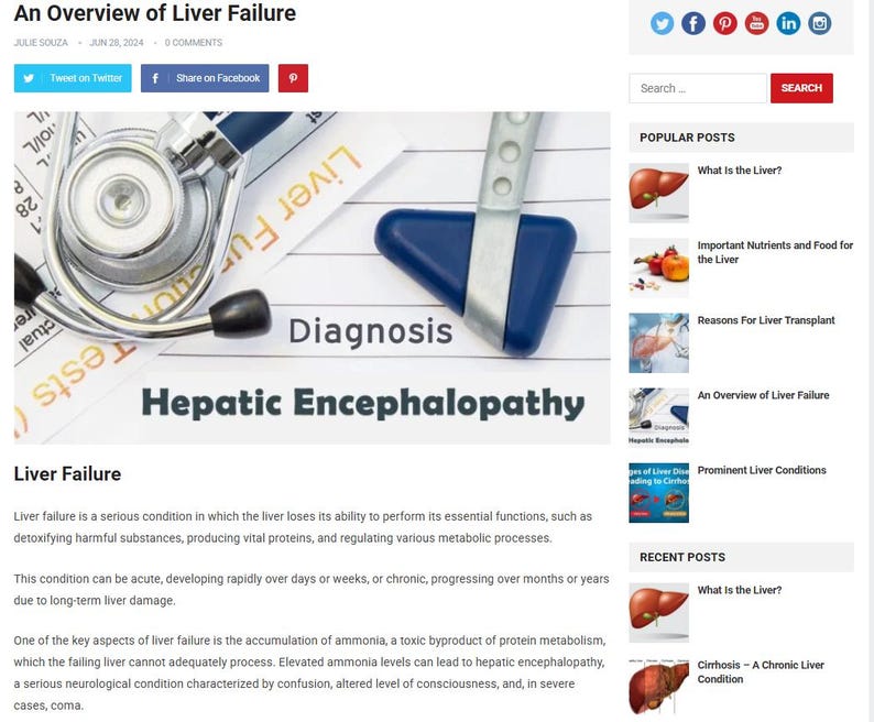 May include: A blog post titled "An Overview of Liver Failure" with medical tools like a stethoscope and reflex hammer. The text includes "Diagnosis" and "Hepatic Encephalopathy". The post discusses liver failure and its causes.