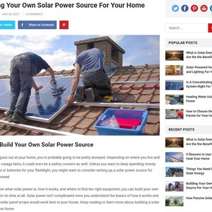 May include: Two workers installing solar panels on a red-tiled roof. The image shows the process of building a solar power source for a home, with tools and a blue container visible. The article title is "Building Your Own Solar Power Source For Your Home."
