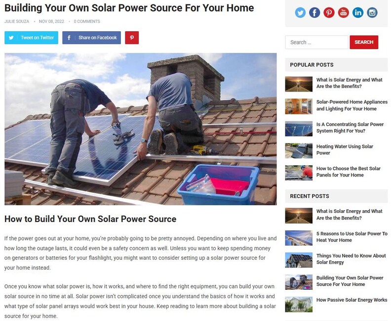 May include: Two workers installing solar panels on a red-tiled roof. The image shows the process of building a solar power source for a home, with tools and a blue container visible. The article title is "Building Your Own Solar Power Source For Your Home."