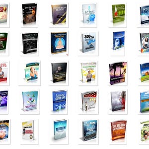 May include: A collection of book covers with various titles, including "Quick Fix," "Quit Snoring," and "Never Give Up!" The covers feature diverse designs and colors, with some displaying images of people and others with abstract graphics. The books are arranged on a white background.