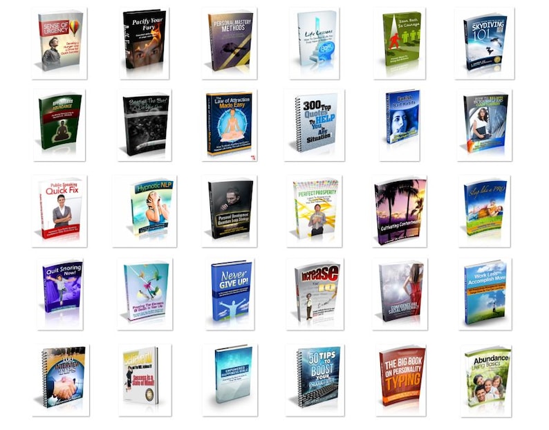 May include: A collection of book covers with various titles, including "Quick Fix," "Quit Snoring," and "Never Give Up!" The covers feature diverse designs and colors, with some displaying images of people and others with abstract graphics. The books are arranged on a white background.
