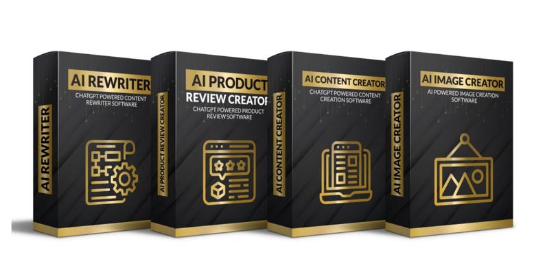 Op de afbeelding: Vier zwarte dozen met gouden tekst en accenten. De dozen zijn gelabeld met "AI Rewriter", "AI Product Review Creator", "AI Content Creator" en "AI Image Creator". Elke doos heeft een bijbehorend pictogram.