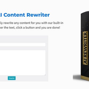 Op de afbeelding: Afbeelding van een softwareproductdoos met de tekst "AI REWRITER" in goud op een zwarte achtergrond. De doos toont ook de tekst "ChatGPT Powered Content Rewriter Software". Aan de linkerkant wordt een gebruikersinterface voor het herschrijven van tekst weergegeven.