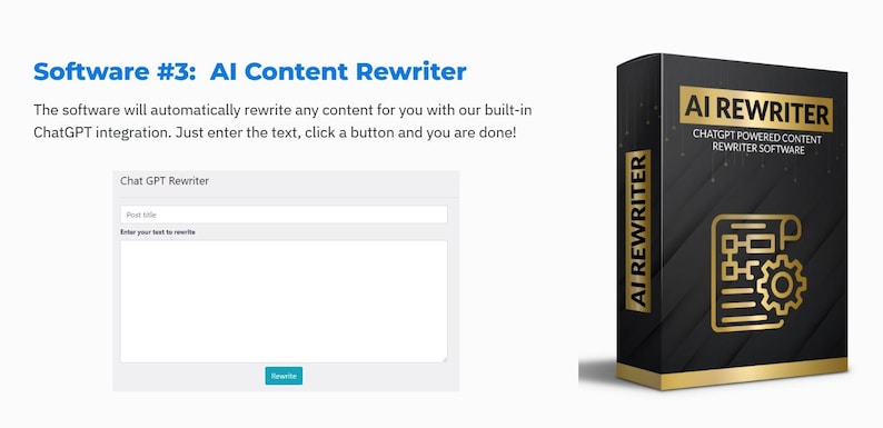 Op de afbeelding: Afbeelding van een softwareproductdoos met de tekst "AI REWRITER" in goud op een zwarte achtergrond. De doos toont ook de tekst "ChatGPT Powered Content Rewriter Software". Aan de linkerkant wordt een gebruikersinterface voor het herschrijven van tekst weergegeven.