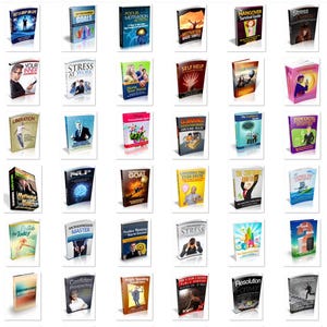 May include: Collection of self-help and motivational books. Titles include "Get a Grip in Life," "Goals," "Focus Motivation Action," "Motivation Made Simple," "Hangover Survival Guide," and "Stress." The books feature various cover designs and colors.