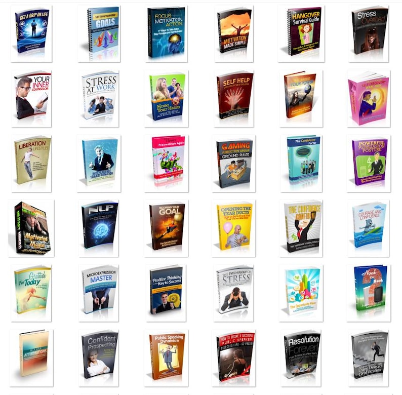 May include: Collection of self-help and motivational books. Titles include "Get a Grip in Life," "Goals," "Focus Motivation Action," "Motivation Made Simple," "Hangover Survival Guide," and "Stress." The books feature various cover designs and colors.