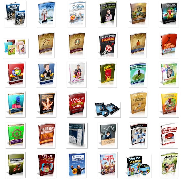 May include: A collection of book covers with various titles, including "Interview Profits," "Time Management Tools," and "The Goal Setting Success Guide." The covers feature diverse designs, colors, and images, suggesting a range of self-help and educational topics.