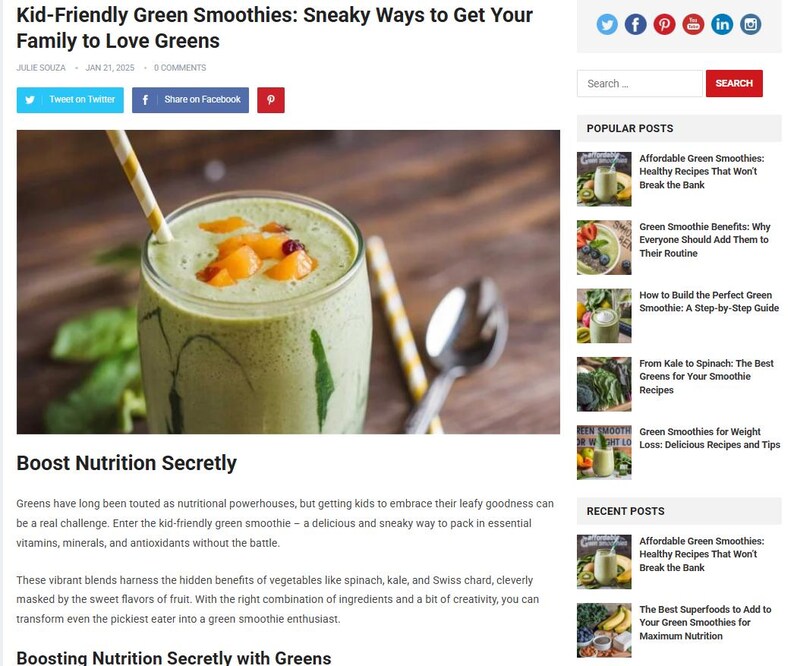 May include: A green smoothie in a clear glass jar, topped with orange fruit pieces and a straw. The image is part of a blog post titled "Kid-Friendly Green Smoothies: Sneaky Ways to Get Your Family to Love Greens."