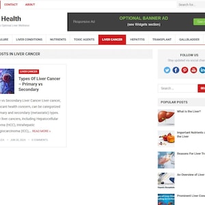 May include: A website homepage titled "Liver Health" with navigation links and a search bar. The main content includes a post about types of liver cancer, with an image and the text "READ MORE".