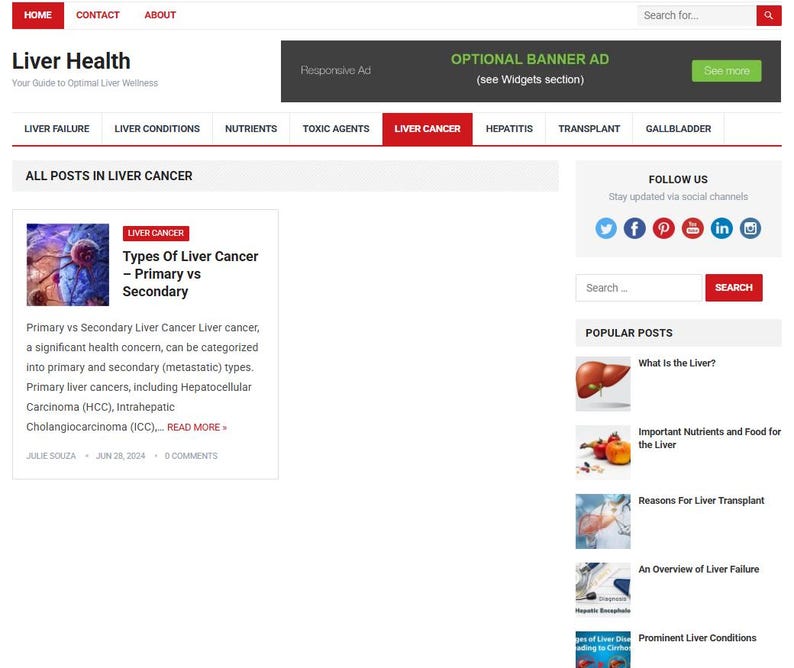 May include: A website homepage titled "Liver Health" with navigation links and a search bar. The main content includes a post about types of liver cancer, with an image and the text "READ MORE".