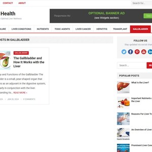 May include: A website about liver health with navigation links for various topics like liver failure and nutrients. The main content features a post titled "The Gallbladder and How It Works with the Liver" with an illustration of the gallbladder and liver.